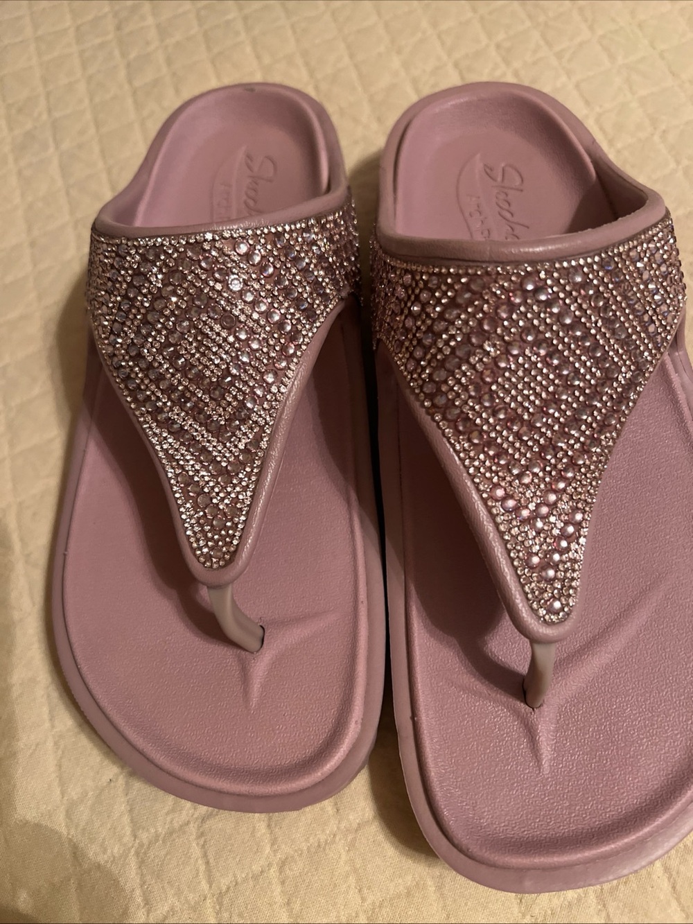 Skechers Pink Rhinestone T-strap Thong Sandals